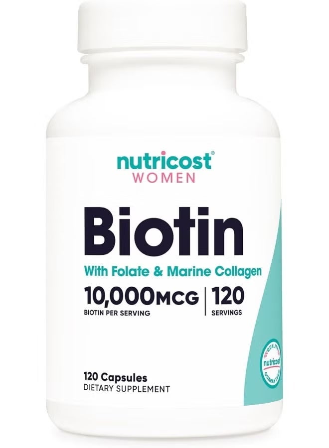 Nutricost, Women, Biotin With Folate & Collagen, 10,000 mcg, 120 Capsules - Image 1