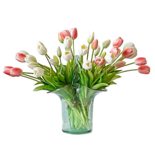 DUYONE 40pcs Artificial Tulips Flowers Latex Bouquet Fake Tulips for Office Wedding Party Home Kitchen Garden DecorationB Coral Pink Set - Image 1