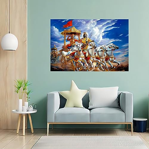 wallpics® Lord Krishna Arjun on Chariot | Sarathi | Mahabharat Gita Updes waterproof vinyl sticker Painting Poster For Home Decor,Office, Hall,Living Room,Bedroom,Kids Room (12X18) - Image 3