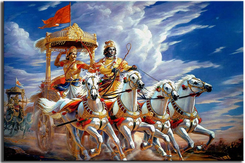 wallpics® Lord Krishna Arjun on Chariot | Sarathi | Mahabharat Gita Updes waterproof vinyl sticker Painting Poster For Home Decor,Office, Hall,Living Room,Bedroom,Kids Room (12X18) - Image 1