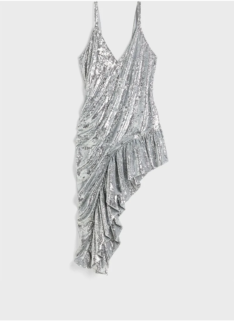 H&M Sequined Ruffle Hem Asymmetrical Dress