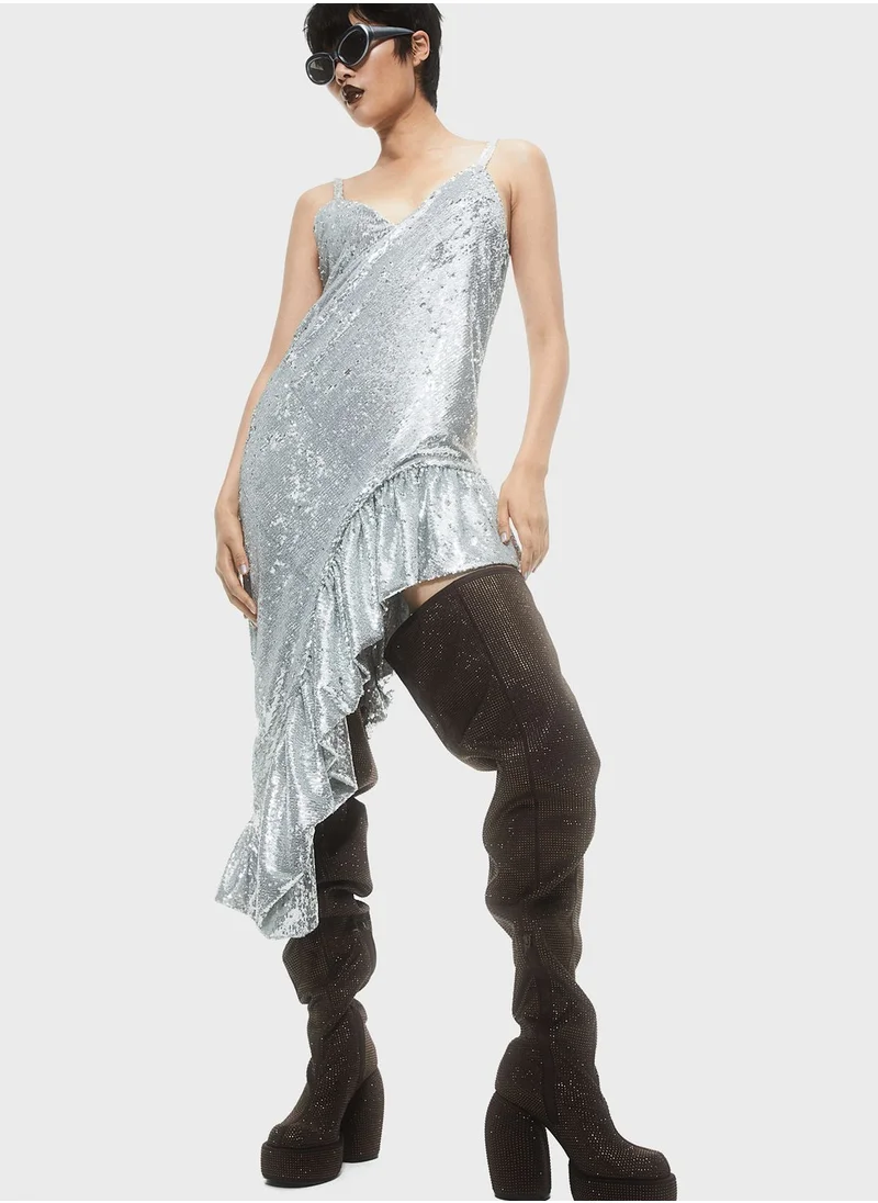 H&M Sequined Ruffle Hem Asymmetrical Dress