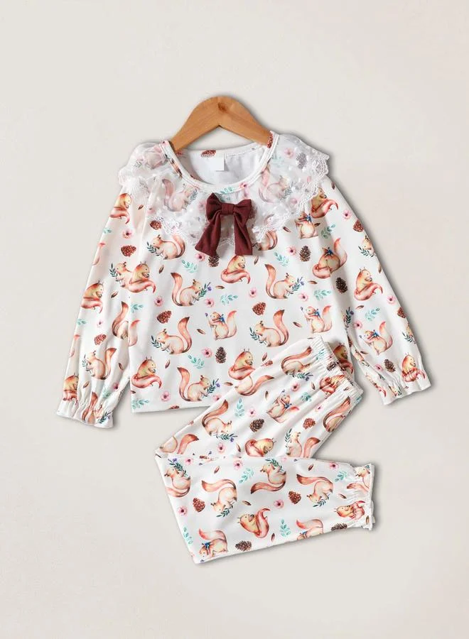Take Two Girls Lace Trim Graphic Print Top And Pyjama Set