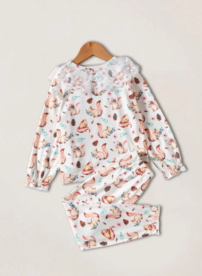 Take Two Girls Lace Trim Graphic Print Top And Pyjama Set