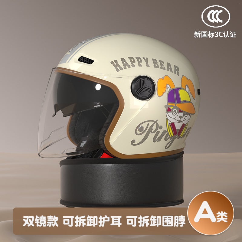 Childs Helmet Certified 3C Lightweight Half Helmet Cartoon Style For Boys And Girls Riding Gear Warm Comfortable Resin Material Khaki - multi-color rabbit - with detachable scarf - double mirrors 
