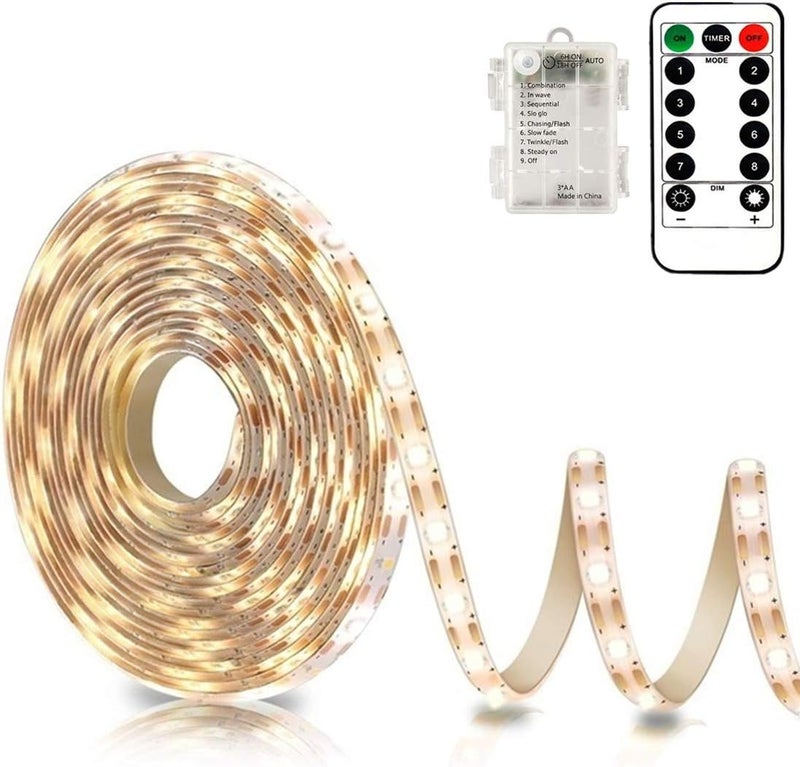 echosari Battery Powered Led Strip Lights with Remote Warm White, 8 Modes, Dimmable, Timer, Self-Adhesive, Cuttable, Waterproof, 9.8FT 90Led Strip Lights for TV Kitchen Cupboard Bedroom Decor - Image 1