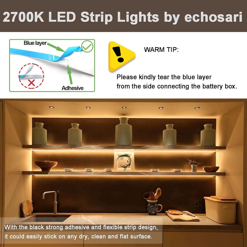 echosari Battery Powered Led Strip Lights with Remote Warm White, 8 Modes, Dimmable, Timer, Self-Adhesive, Cuttable, Waterproof, 9.8FT 90Led Strip Lights for TV Kitchen Cupboard Bedroom Decor - Image 5
