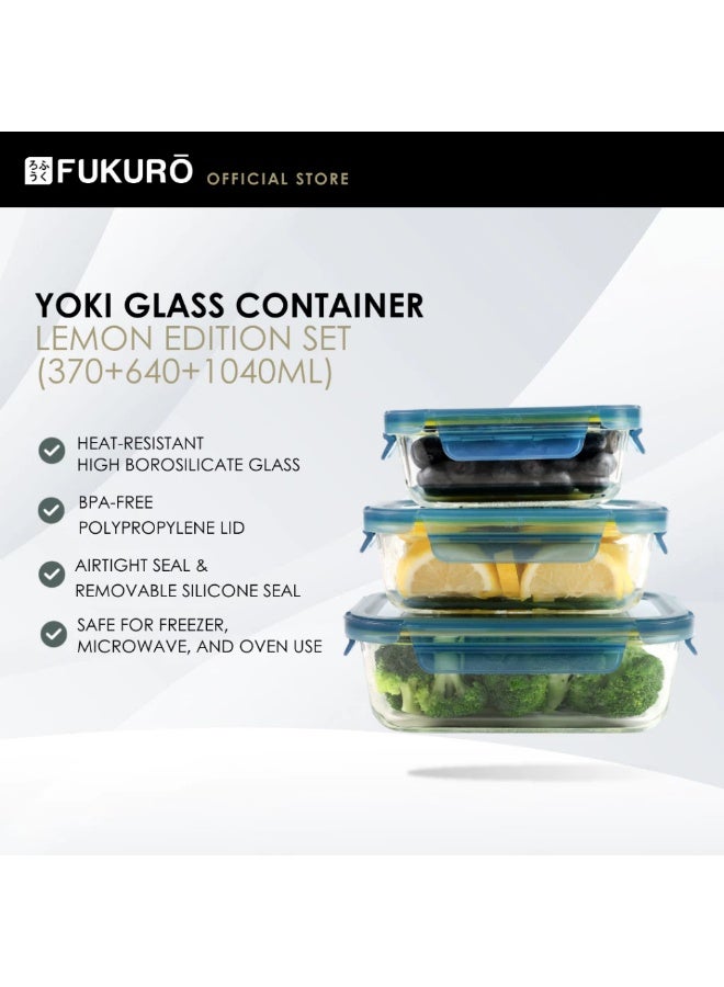 Fukuro Yoki Glass Container Set 3's Rectangle - Lemon Edition (370ml + 640ml + 1,040ml) - Image 1