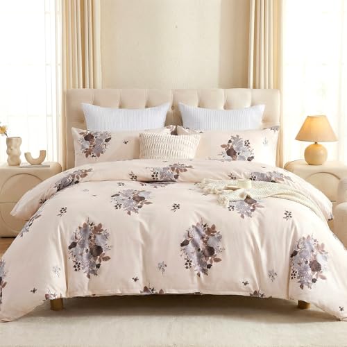 Cozaline Cream Floral Duvet Cover Queen Size - 100% Cotton Comforter Cover Elegant Flower Botanical Duvet Cover Sets 3-PC, Breathable Duvet Cover with Zipper Closure & Corner Ties - Image 3