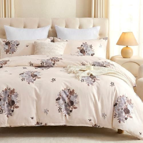 Cozaline Cream Floral Duvet Cover Queen Size - 100% Cotton Comforter Cover Elegant Flower Botanical Duvet Cover Sets 3-PC, Breathable Duvet Cover with Zipper Closure & Corner Ties - Image 1