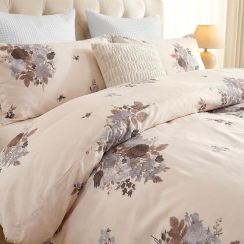 Cozaline Cream Floral Duvet Cover Queen Size - 100% Cotton Comforter Cover Elegant Flower Botanical Duvet Cover Sets 3-PC, Breathable Duvet Cover with Zipper Closure & Corner Ties - Image 4
