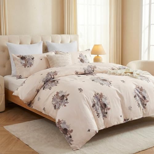 Cozaline Cream Floral Duvet Cover Queen Size - 100% Cotton Comforter Cover Elegant Flower Botanical Duvet Cover Sets 3-PC, Breathable Duvet Cover with Zipper Closure & Corner Ties - Image 5