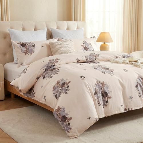 Cozaline Cream Floral Duvet Cover Queen Size - 100% Cotton Comforter Cover Elegant Flower Botanical Duvet Cover Sets 3-PC, Breathable Duvet Cover with Zipper Closure & Corner Ties - Image 2