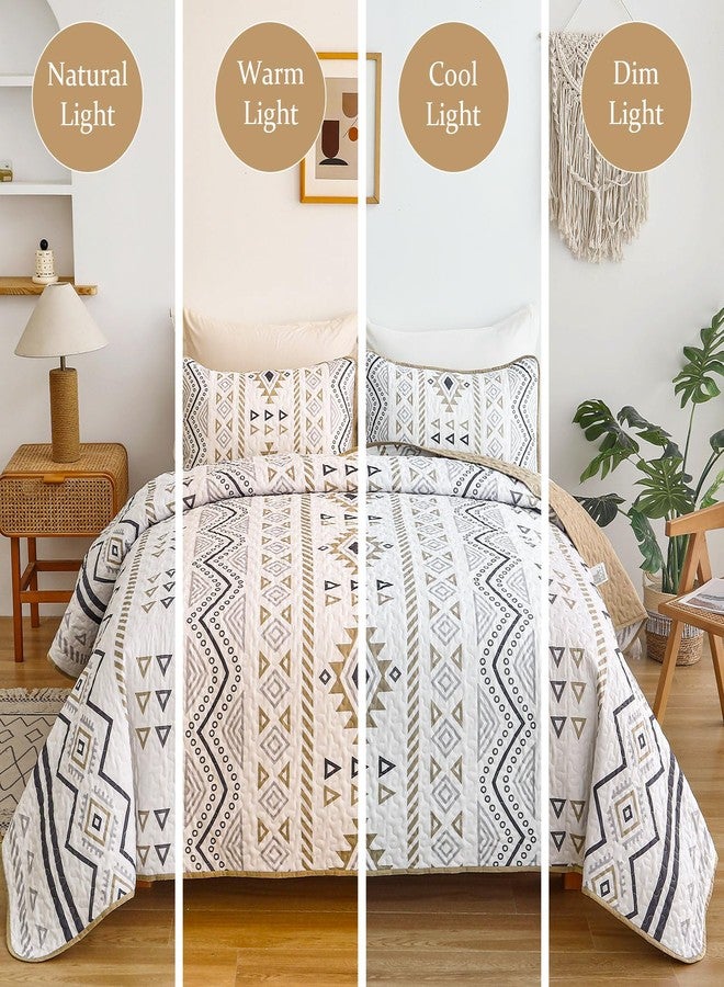Drucon Boho King Size Aztec Quilt Set 3 Pieces Khaki Ultra Soft Lightweight Quilt Beddding Set, Microfiber Bohemian Bedspread Coverlet Set with 2 Pillowcases for All Season (King, 104"x90") - Image 3