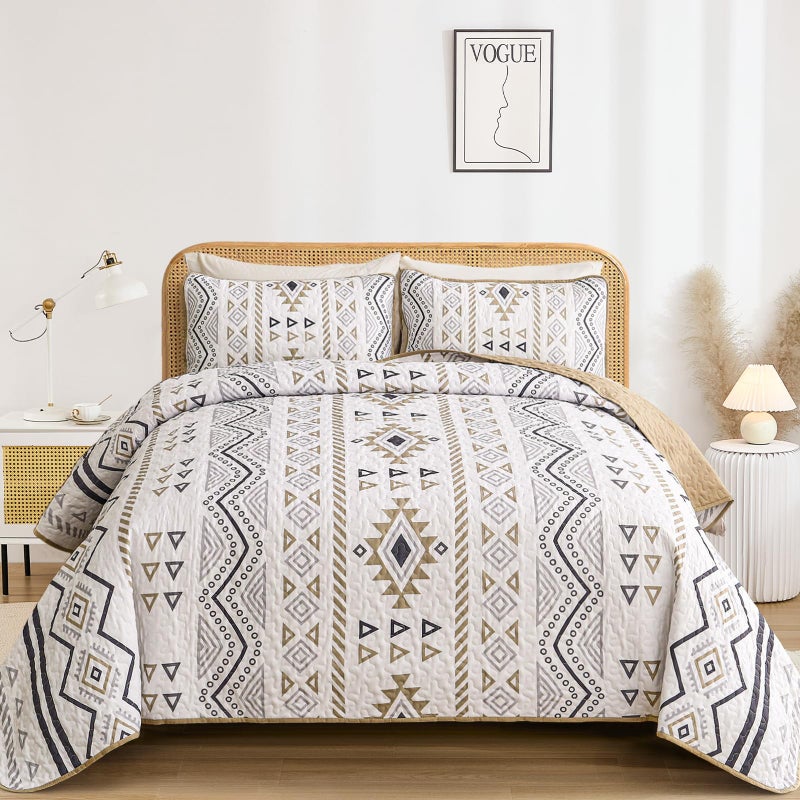 Drucon Boho King Size Aztec Quilt Set 3 Pieces Khaki Ultra Soft Lightweight Quilt Beddding Set, Microfiber Bohemian Bedspread Coverlet Set with 2 Pillowcases for All Season (King, 104"x90") - Image 1