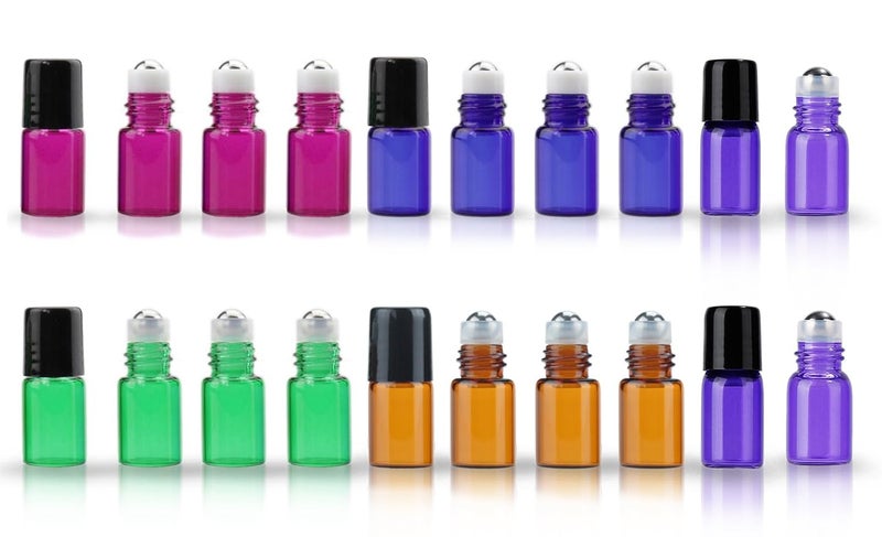 ZbFwmx 20 Pack Set 2ML(5/8 Dram) Micro Mini Glass Roll on Glass Bottles with Metal Roller Balls Refillable Slim Sample Vial Aromatherapy Essential Oil Roll On(2ML MIX) 