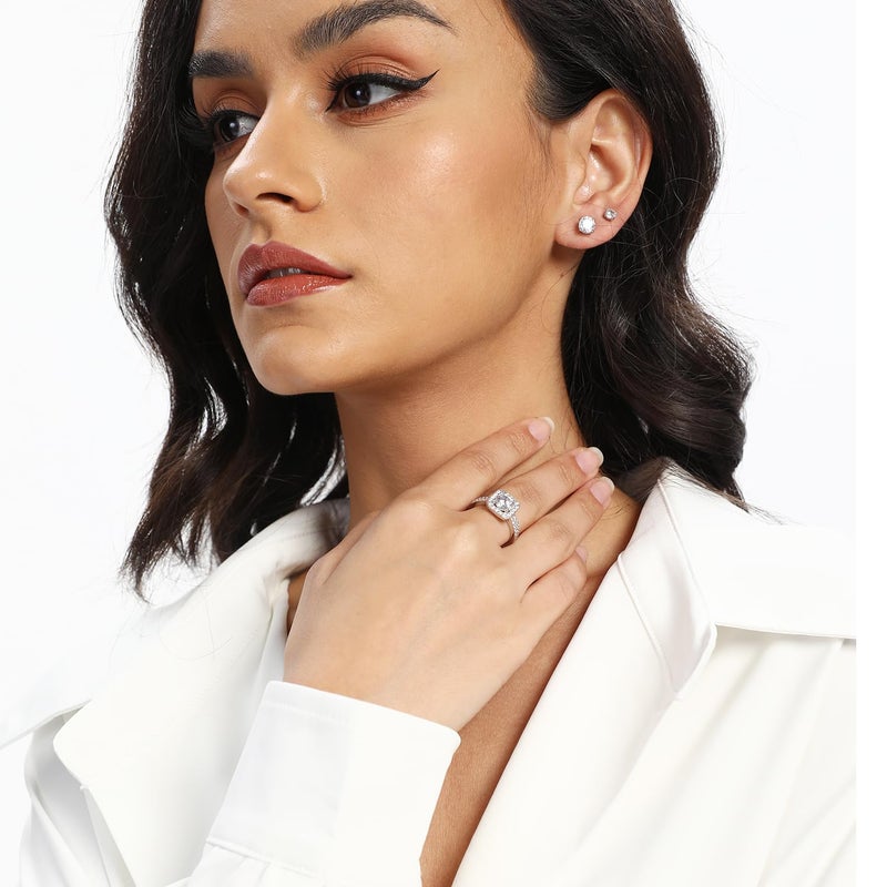 MDFUN 18K White Gold Plated Cubic Zirconia Three-in-One Halo Wedding Engagement Promise Eternity Ring for Women (6) - Image 3