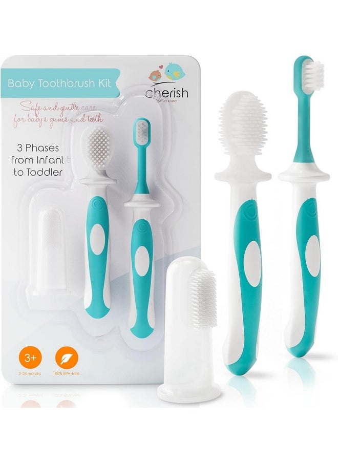 Cherish Baby Care - Award-Winning Baby Toothbrush Set (3-24 Months) - Baby Finger Toothbrush, Training Toothbrush & Toddler Toothbrush - Bpa-Free Infant Toothbrush Set, Baby First Toothbrush Set (Teal) - Image 1