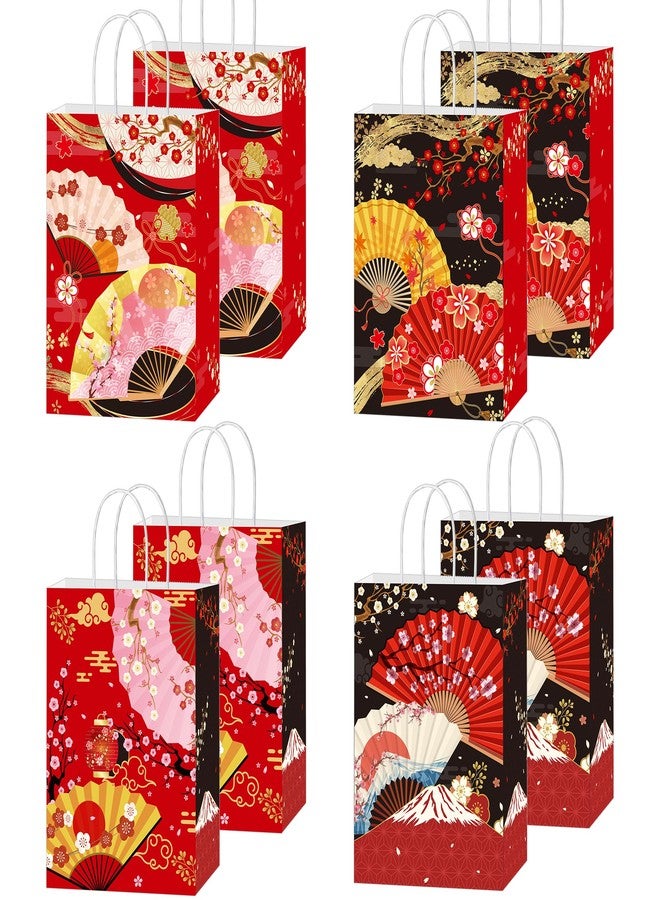 EoBeCy 16 Pcs Japanese Party Favor Bags, Traditional Japanese Cherry Blossom Folding Fans Goodie Treat Candy Gift Bags with Handles for Birthday Hibachi Party Decorations Supplies - Image 1