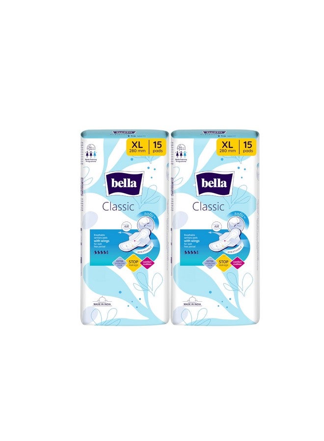 Bella Classic Maxi Softi Pads For Women | Sanitary Napkins | For Sensitive Skin | 28 Cm Long | With Wings | Breathable | For Rash Free Period | Comfort Cussion | Pack Of 2 | 15 Pcs Each - Image 1