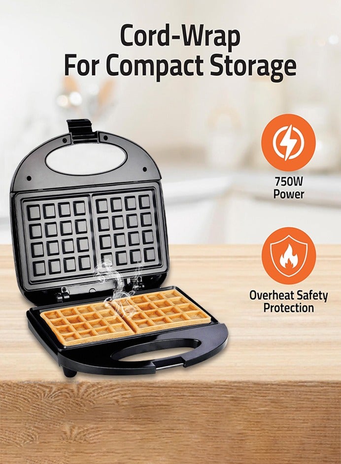 0 تي أوه وان تيك مرنة وافل صانع: 2 شريحة غير اللاصقة لوحة، باردة لمس المقبض، الطاقة / جاهزة الأضواء، القدمين المقاومة للانزلاق، حماية من التسخين الزائد، 750 واط، التخزين المدمج - Image 2