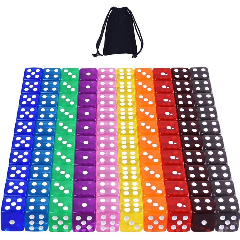 AUSTOR 100 Pieces 6 Sided Game Dice Set 10 Transparent Colors Square Corner Dice for Tenzi Farkle Yahtzee Bunco or Teaching Math with Velvet Pouch - Image 2