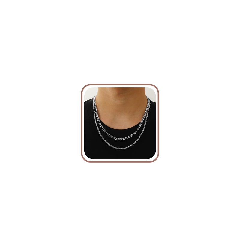Lydow Layered Silver Chain Necklaces for Men, 2PC Double Stainless Steel Rope Cuban Curb Link Chains Set Mens Accessories Necklace Jewelry Gifts Male Him Teen Teenage Boys Cadenas Para Hombres 18/20 Inches - Image 1
