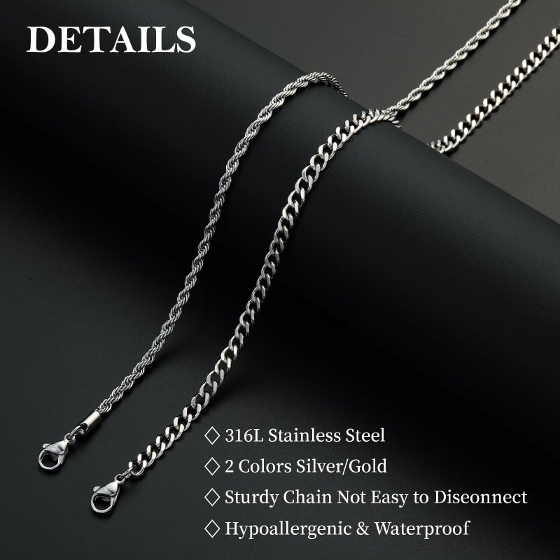 Lydow Layered Silver Chain Necklaces for Men, 2PC Double Stainless Steel Rope Cuban Curb Link Chains Set Mens Accessories Necklace Jewelry Gifts Male Him Teen Teenage Boys Cadenas Para Hombres 18/20 Inches - Image 3