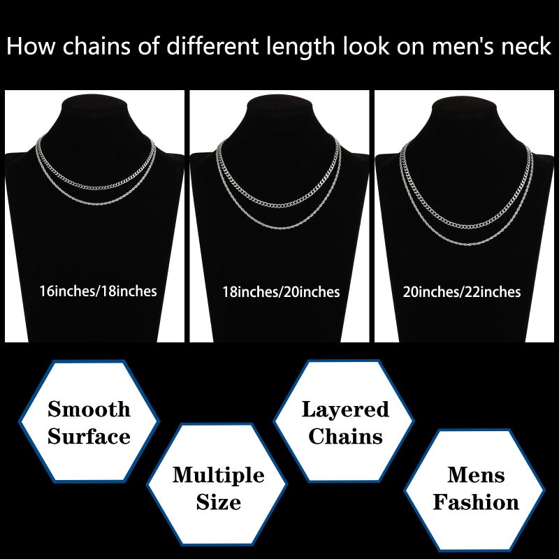 Lydow Layered Silver Chain Necklaces for Men, 2PC Double Stainless Steel Rope Cuban Curb Link Chains Set Mens Accessories Necklace Jewelry Gifts Male Him Teen Teenage Boys Cadenas Para Hombres 18/20 Inches - Image 5