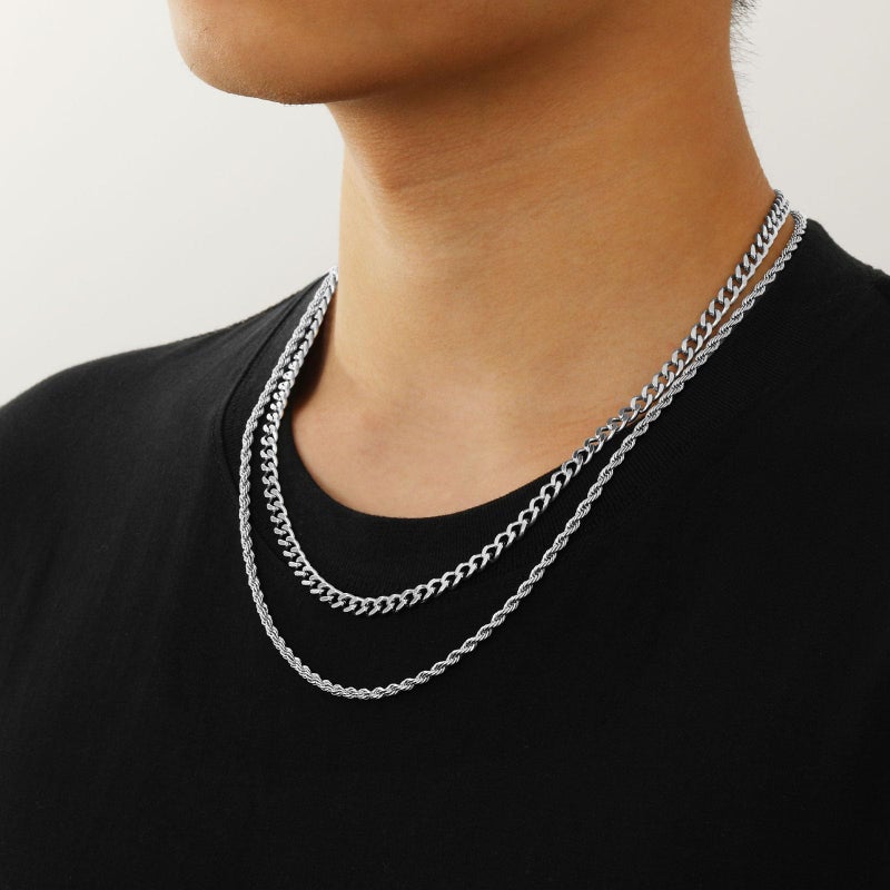 Lydow Layered Silver Chain Necklaces for Men, 2PC Double Stainless Steel Rope Cuban Curb Link Chains Set Mens Accessories Necklace Jewelry Gifts Male Him Teen Teenage Boys Cadenas Para Hombres 18/20 Inches - Image 2