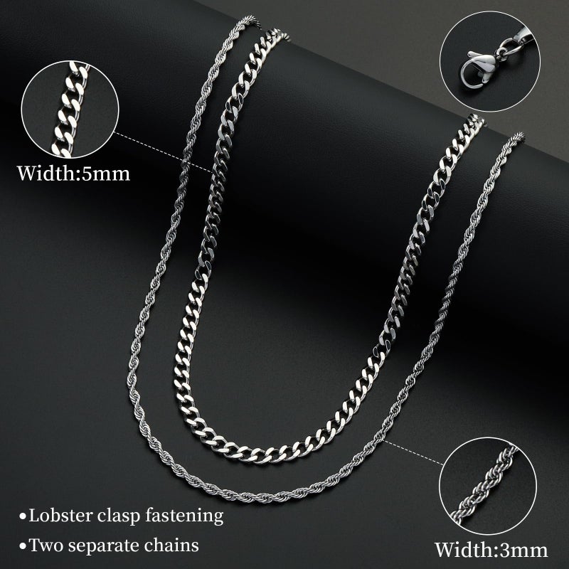 Lydow Layered Silver Chain Necklaces for Men, 2PC Double Stainless Steel Rope Cuban Curb Link Chains Set Mens Accessories Necklace Jewelry Gifts Male Him Teen Teenage Boys Cadenas Para Hombres 18/20 Inches - Image 4