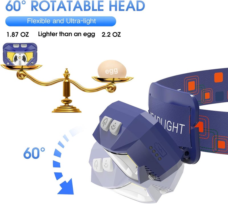 LHKNL Headlamp Flashlight, 1200 Lumen Ultra-Light Bright LED Rechargeable Headlight with White Red Light,2-Pack Waterproof Motion Sensor Head Lamp,8 Modes for Outdoor Camping Running Fishing - Blue - Image 5