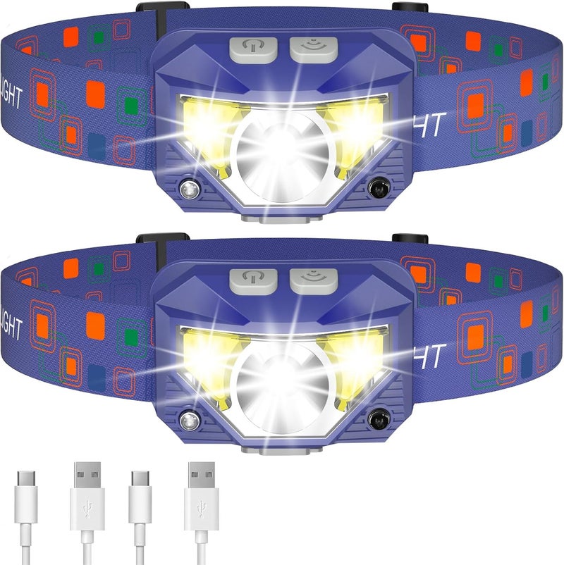 LHKNL Headlamp Flashlight, 1200 Lumen Ultra-Light Bright LED Rechargeable Headlight with White Red Light,2-Pack Waterproof Motion Sensor Head Lamp,8 Modes for Outdoor Camping Running Fishing - Blue - Image 1