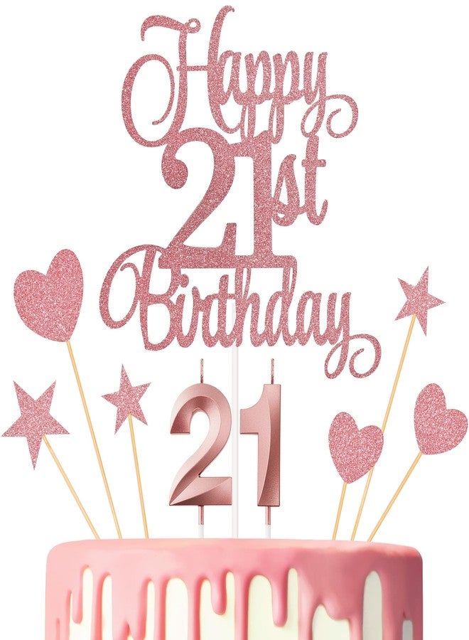 Lecferrarc 21st Birthday Cake Toppers, 21st Birthday Candles Numeral Candles and Glitter Cake Decorations Toppers Set for Party Supplies (Rose Gold) - Image 1