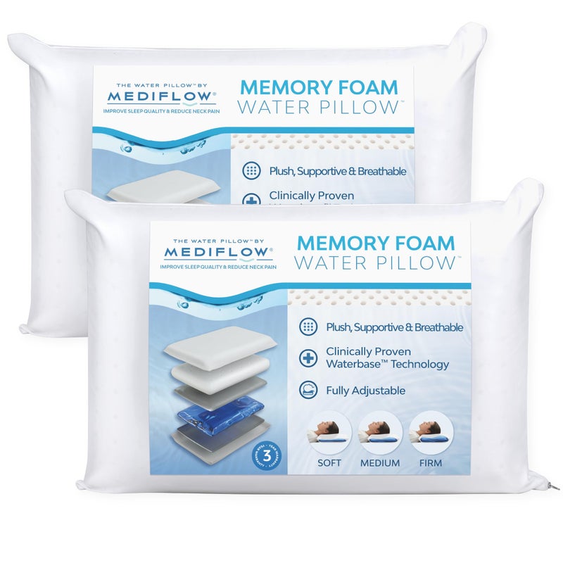 MEDIFLOW Mediflow Water Pillow Memory Foam reInvented with Waterbase Technology  Clinically Proven to Reduce Neck Pain  Improve Sleep Quality Twin Pack 