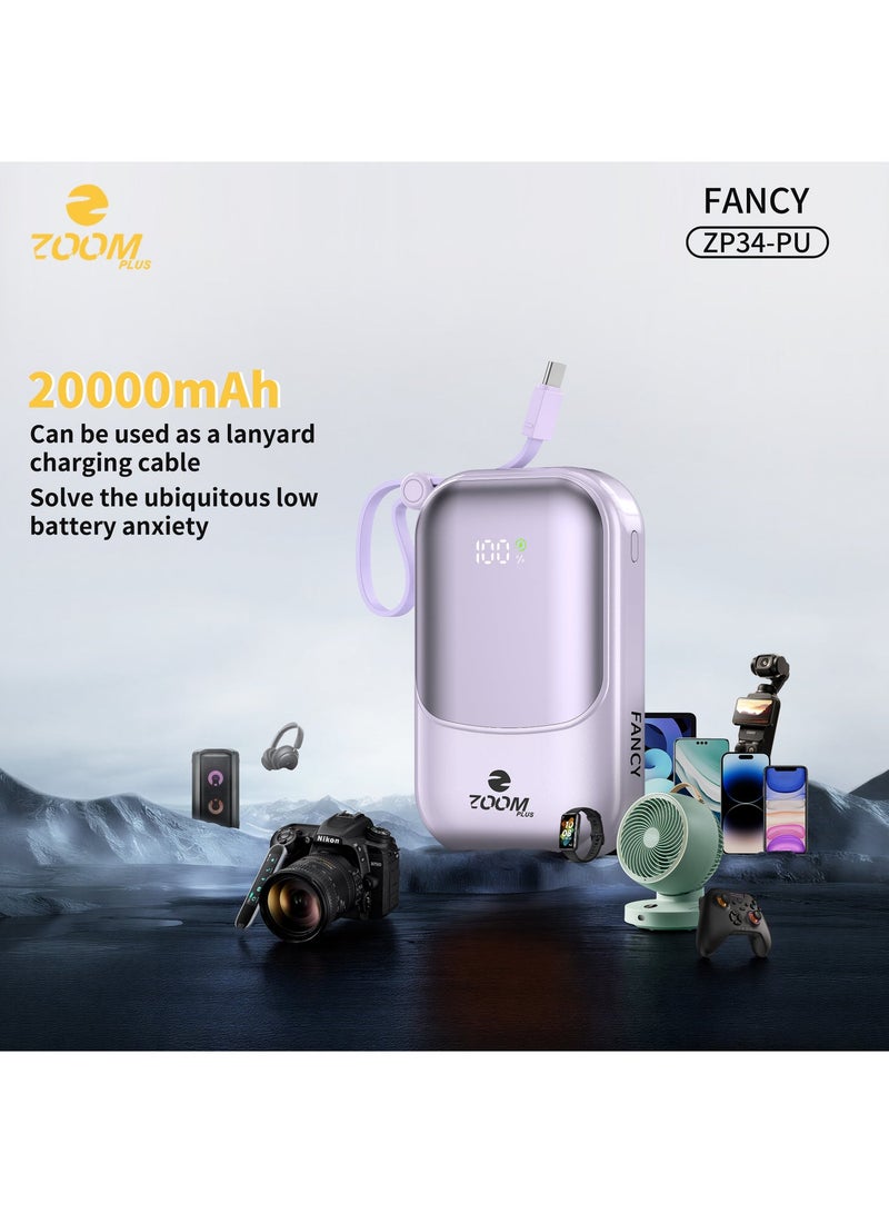 Zoom Plus Fancy 20000mAh Power Bank, 22.5W PD Fast Charging Portable Charger with Built-in Cable, LED Digital Display, Compact Battery Pack for iPhone, Android and USB-C Devices (ZP34, Purple) - Image 1