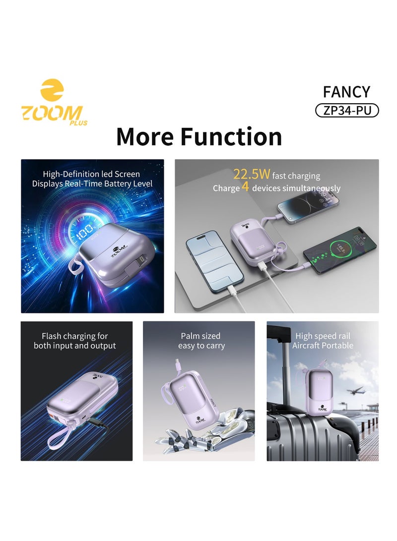 Zoom Plus Fancy 20000mAh Power Bank, 22.5W PD Fast Charging Portable Charger with Built-in Cable, LED Digital Display, Compact Battery Pack for iPhone, Android and USB-C Devices (ZP34, Purple) - Image 2