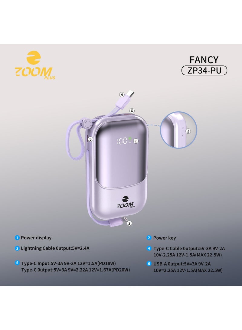 Zoom Plus Fancy 20000mAh Power Bank, 22.5W PD Fast Charging Portable Charger with Built-in Cable, LED Digital Display, Compact Battery Pack for iPhone, Android and USB-C Devices (ZP34, Purple) - Image 3