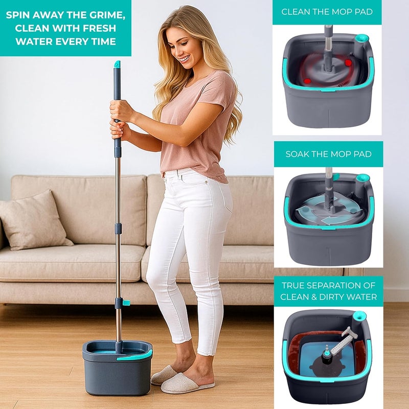 True & Tidy نظام ممسحة ودلو True Clean، يشمل ممسحة دوارة مربعة، دلو ممسحة مزدوج الحجرة ووسادتي ممسحة سميكتين قابلة للغسيل في الغسالة (ممسحة دوارة) - Image 3