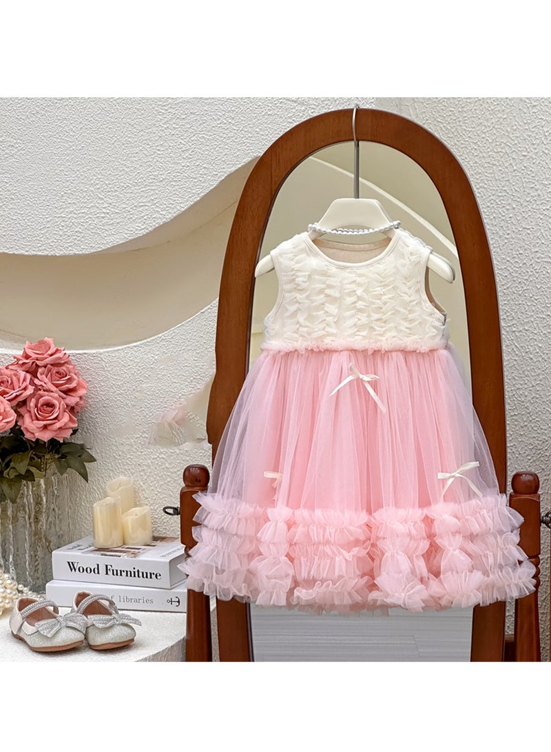 1-2Y Baby Girl Toddler Princess Dress, Sleeveless White and Pink Tulle Summer Outfit, Elegant Ruffle Bow Design, Perfect for Weddings, Eid, Birthday Parties and Family Gatherings, Fit for 80-90cm  - Image 1
