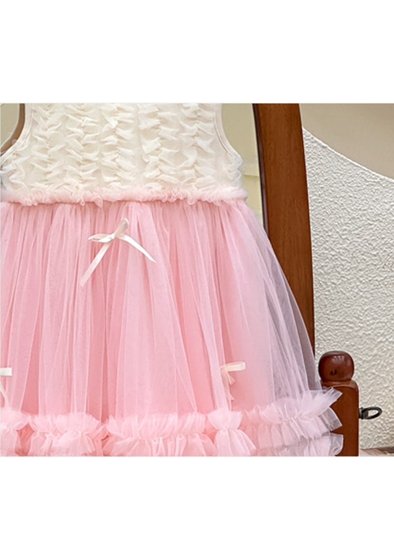 1-2Y Baby Girl Toddler Princess Dress, Sleeveless White and Pink Tulle Summer Outfit, Elegant Ruffle Bow Design, Perfect for Weddings, Eid, Birthday Parties and Family Gatherings, Fit for 80-90cm  - Image 3