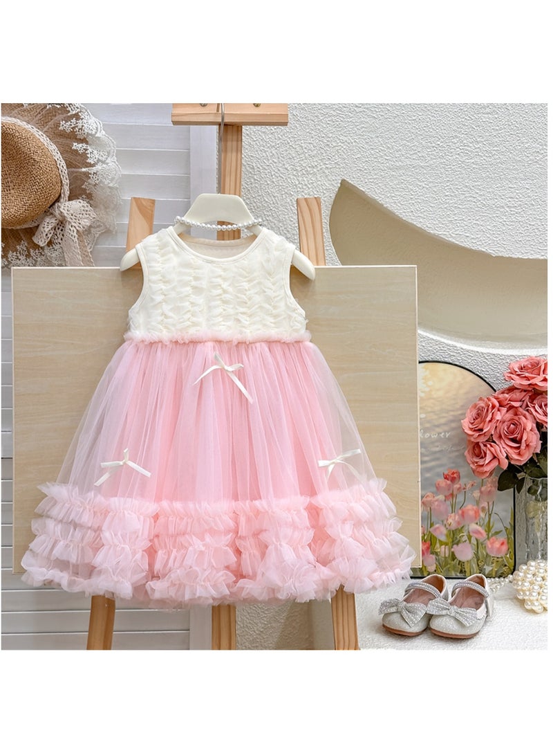 1-2Y Baby Girl Toddler Princess Dress, Sleeveless White and Pink Tulle Summer Outfit, Elegant Ruffle Bow Design, Perfect for Weddings, Eid, Birthday Parties and Family Gatherings, Fit for 80-90cm  - Image 2