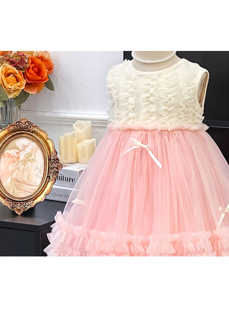 1-2Y Baby Girl Toddler Princess Dress, Sleeveless White and Pink Tulle Summer Outfit, Elegant Ruffle Bow Design, Perfect for Weddings, Eid, Birthday Parties and Family Gatherings, Fit for 80-90cm  - Image 4
