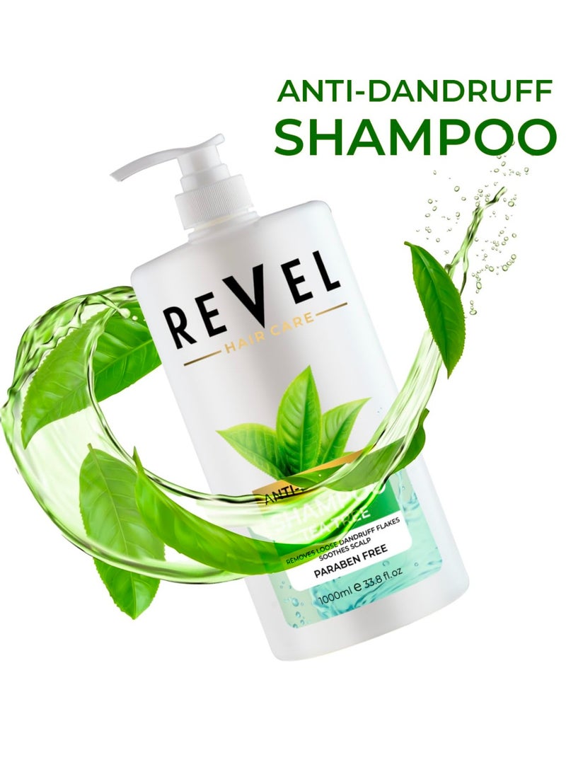 Revel شامبو ريفيل للعناية بالشعر المضاد للقشرة بزيت شجرة الشاي 1000 مل للرجال والنساء، خالٍ من البارابين، يقلل من تساقط الشعر، يهدئ فروة الرأس - Image 2