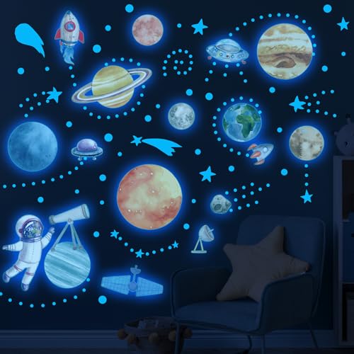 Robmoda Watercolor Solar System Wall Decals Glow in The Dark Stars Kids Planets Sticker for Ceiling Astronaut Wall Stickers for Bedroom Blue - Image 1