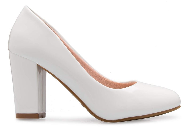 Olivia K Women's Classic Round-Toe Platform Pumps High Block Heel - Adorable, Comfortable White Patent - Image 2