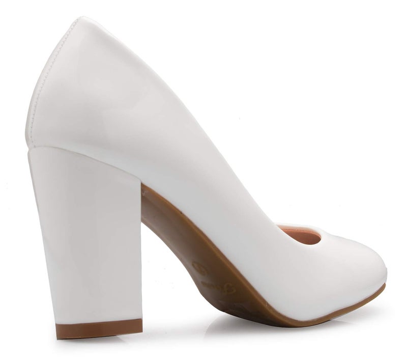 Olivia K Women's Classic Round-Toe Platform Pumps High Block Heel - Adorable, Comfortable White Patent - Image 3