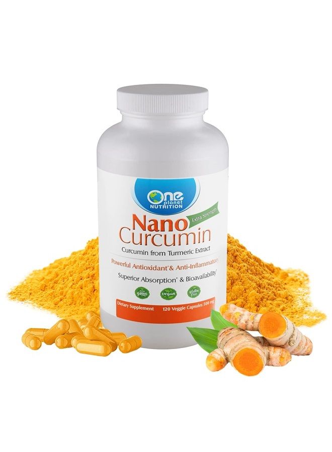 One Planet Nutrition Nano Curcumin 500mg — Turmeric Curcumin Gluten Free Water Soluble Nano Supplements for Better Absorption, Turmeric Capsules Gluten Free - 120 Veggie Capsules, Up to 4 Months Suppl - Image 1