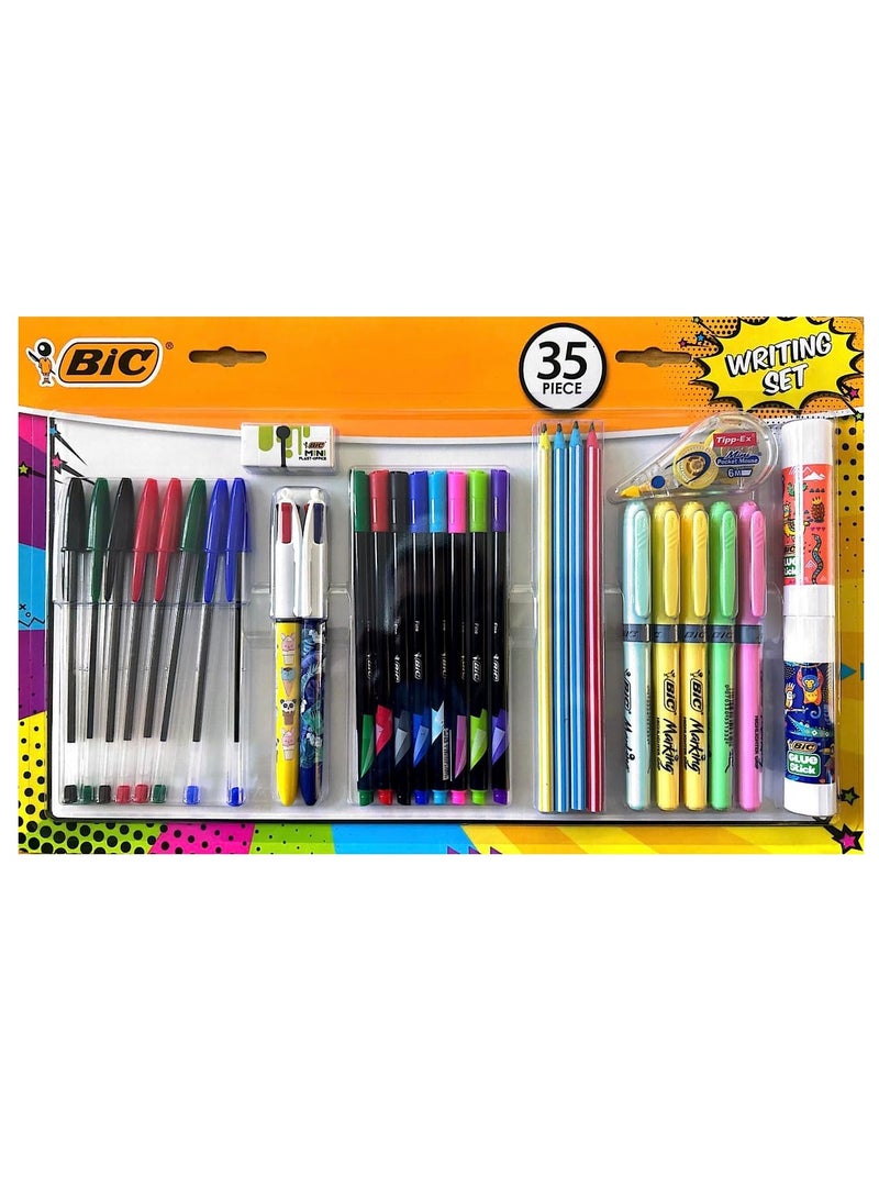 بيك مجموعة كتابة مكونة من 35 قطعة تحتوي على أقلام حبر جاف كريستال، وأقلام رفيعة، وأقلام متوسطة الحجم قابلة للسحب، وأقلام رصاص جرافيت، وأقلام تمييز، وعصا غراء، وفأرة جيب، وممحاة