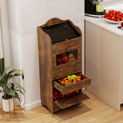 ARTETHYS Potato and Onion Storage Bin with Wheels Movable Bread Box with Lid Rustic Vegetable Organization Cabinet for Kitchen - Image 4